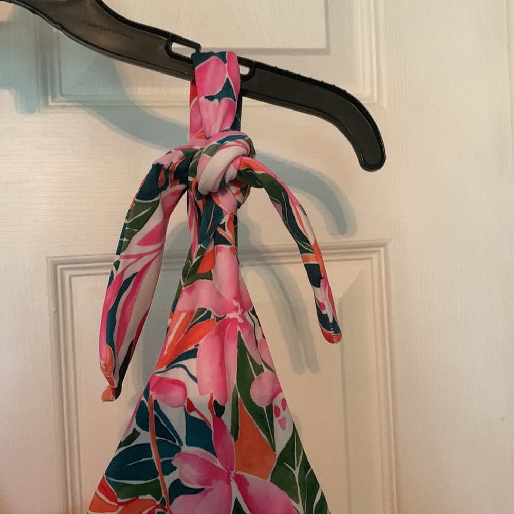 Swimsuits For All Tropical Floral Tie-Shoulder One-Piece in Pink, Green, Orange - Picture 2 of 4